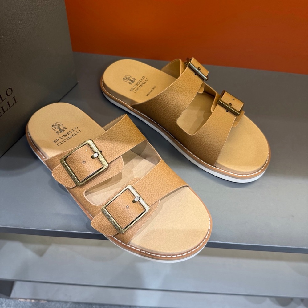 Brunello Cucinelli Beige-Tan Double Buckle Leather Slides - Picture 3 of 9